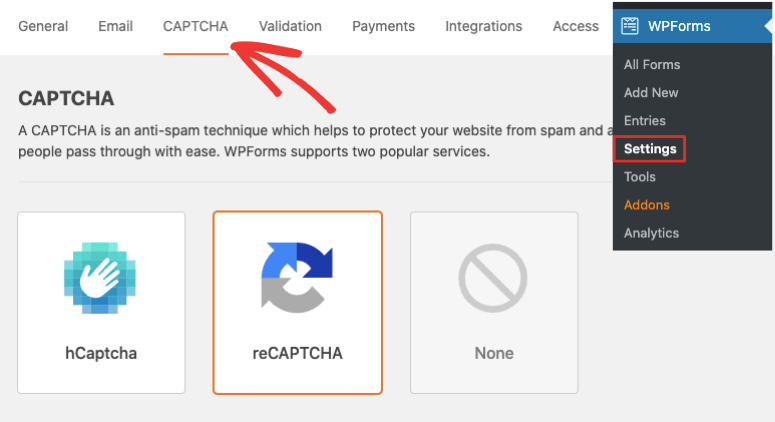 Settings page for CAPTCHA in WPForms. An arrow points to CAPTCHA tab. Options for hCaptcha and reCAPTCHA shown.