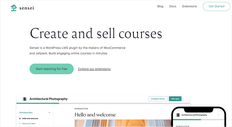 Webpage showing "Create and sell courses" with Sensei logo. Features buttons for free teaching and extensions. Display of online course on devices.