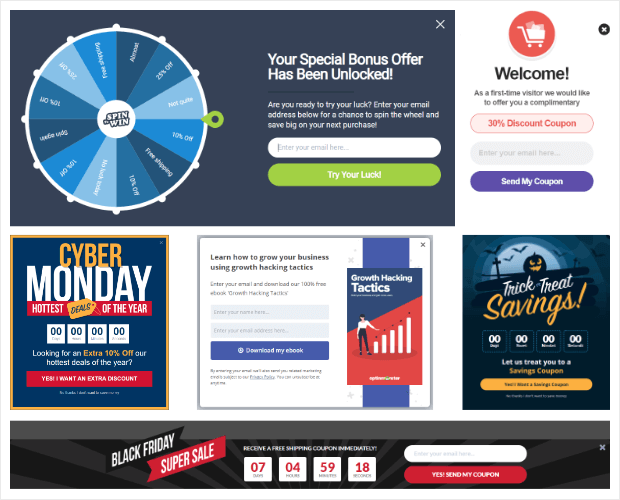 Promotional pop-ups featuring a spin wheel offer, Cyber Monday deal, growth hacking tactics download, Trick or Treat savings, and Black Friday sale.