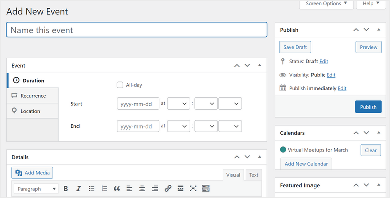 Event creation screen showing fields for naming, scheduling, and publishing an event. The interface includes options for media, calendars, and drafts.