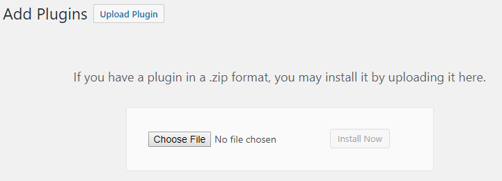 WordPress "Add Plugins" page showing options to upload a plugin. Buttons include "Choose File" and "Install Now."