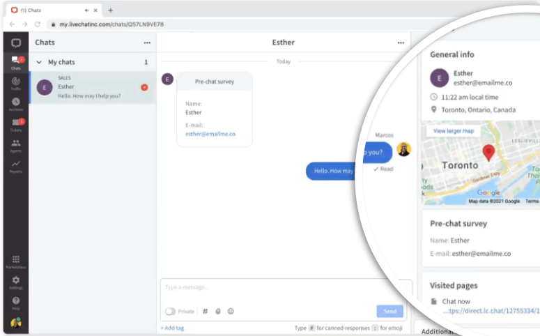 Chat interface with a conversation between user and Esther. A map of Toronto is visible. Esther's details shown: name and email.