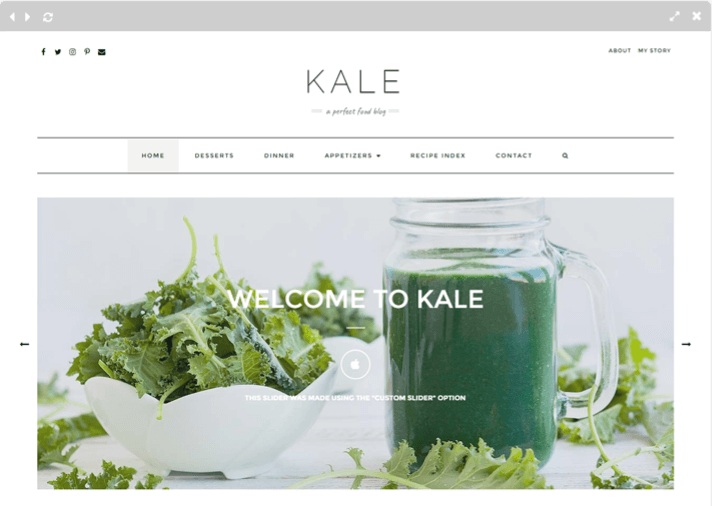 Bowl of kale and green smoothie jar on a table. Text: Welcome to Kale. White, minimal design with menu options like desserts and dinner.