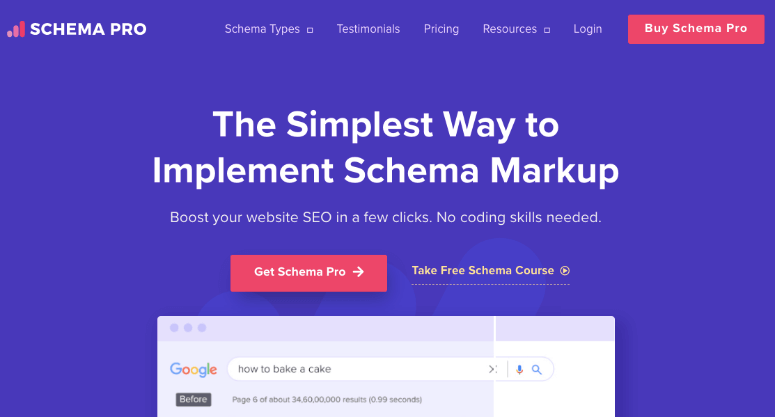 Purple webpage for Schema Pro with text "The Simplest Way to Implement Schema Markup" and a Google search bar at the bottom.