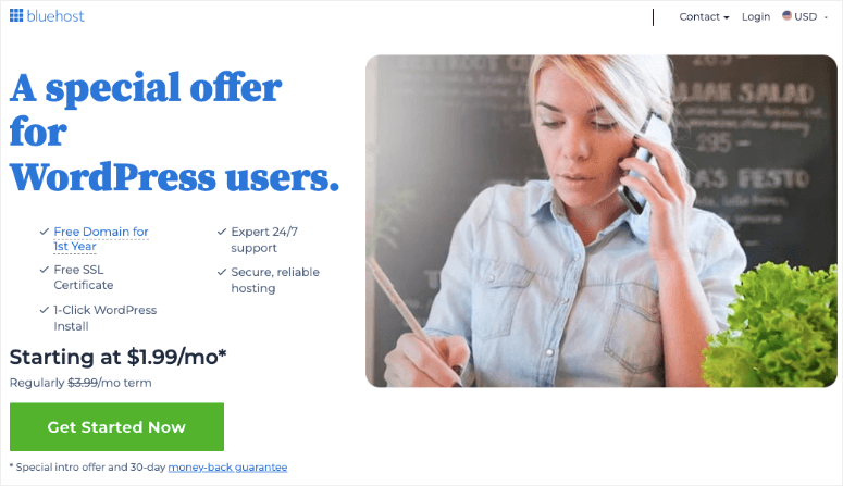 Woman on phone using laptop; promo text: "A special offer for WordPress users." Bluehost ad, green "Get Started Now" button.