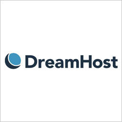 Blue and gray logo of DreamHost on a white background, featuring a half-circle design next to the company name in bold text.