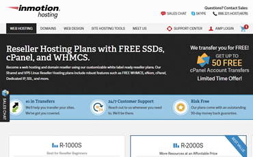 Web hosting site offers reseller plans with free SSDs and features, emphasizing free cPanel transfers. Prominent black and white design.
