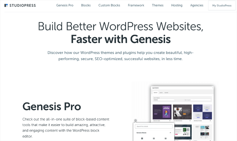 StudioPress webpage promotes Genesis Pro for building WordPress sites. Features include themes and plugins for optimized, attractive creation.
