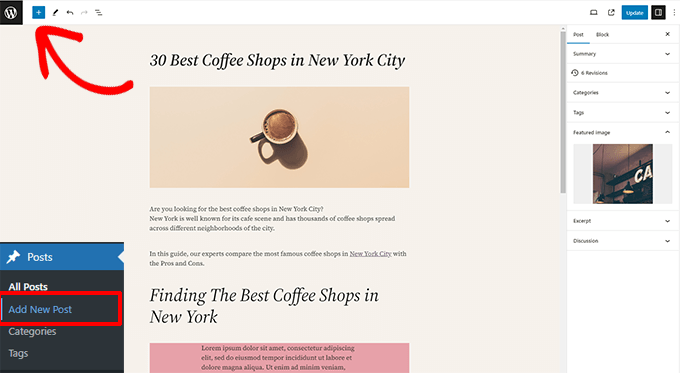 WordPress editor screenshot showing a draft blog post titled "30 Best Coffee Shops in New York City." An arrow points to "Add New Post."