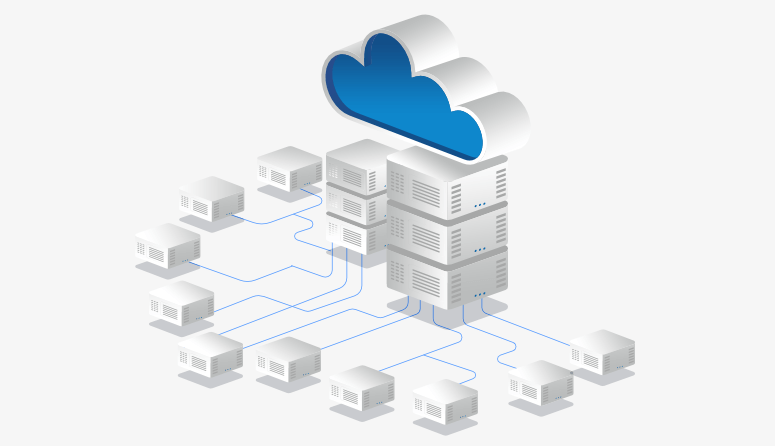 Cloud network diagram with a central blue cloud connected to multiple stacked servers via blue lines on a white background.