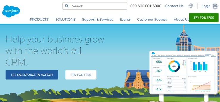Salesforce banner with charts on a screen, text promoting CRM growth, green "TRY FOR FREE" button, and a cityscape background.