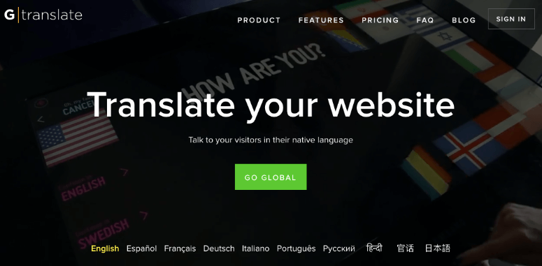 Gtranslate webpage with "Translate your website" text. Flags visible, dark background. "Go Global" button in green. Menu options on top.