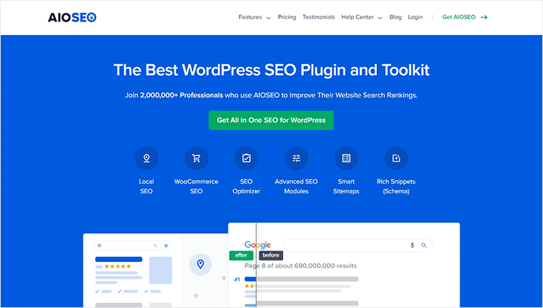 AIOSEO webpage with blue background. Text: "The Best WordPress SEO Plugin and Toolkit." Icons for SEO features. A search result preview below.