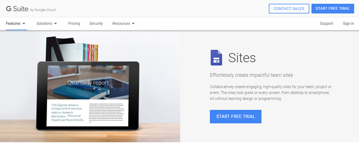 A tablet displays a "Quarterly report" with books in the background. G Suite by Google Cloud offers a "Sites" trial on the right side.