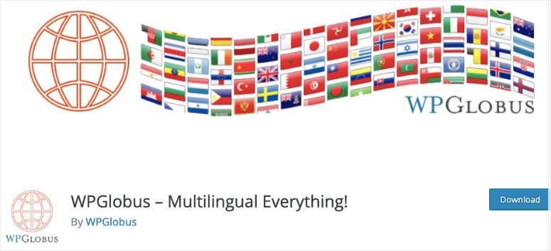 Globe icon, wave of flags, WPGlobus text. Caption reads "WPGlobus – Multilingual Everything!" with a download button. White background.