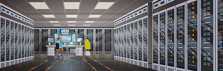 Two people in a server room; one seated at a desk with monitors, the other standing. Rows of servers surround them, creating a tech-focused setting.