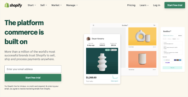 Shopify homepage with a "Start free trial" button, product images, and pricing info. Beige background and green text, promoting e-commerce.