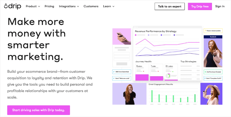 Drip marketing page with charts and text: "Make more money with smarter marketing." Features graphs, photos of women, and buttons for sales tools.