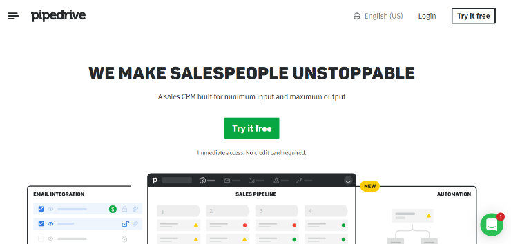 Pipedrive website screenshot with text "We make salespeople unstoppable." Features CRM details, green "Try it free" button, and menu options.