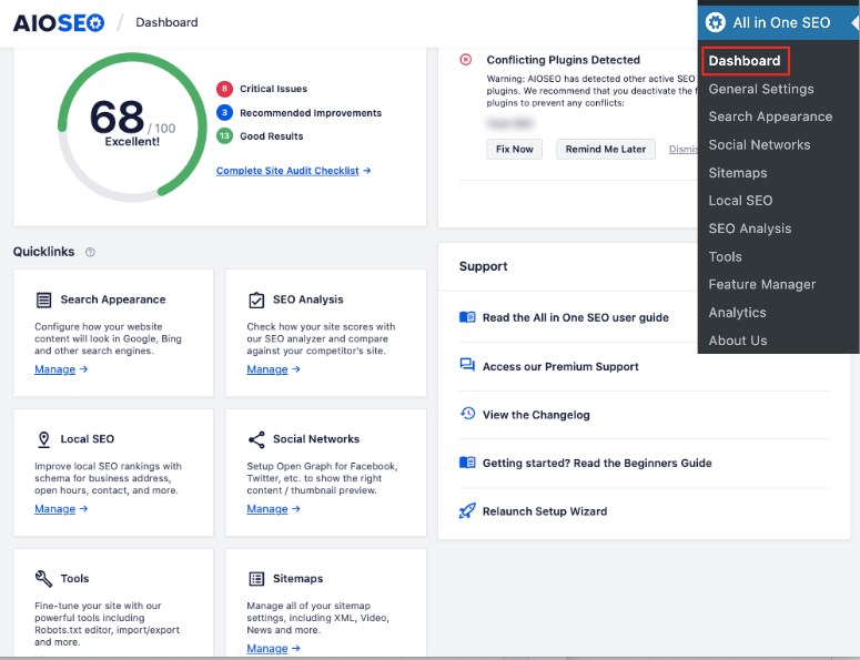 AIOSEO dashboard interface showing a score of 68/100, quicklinks to SEO features, and a sidebar menu with options. Minimalist design.