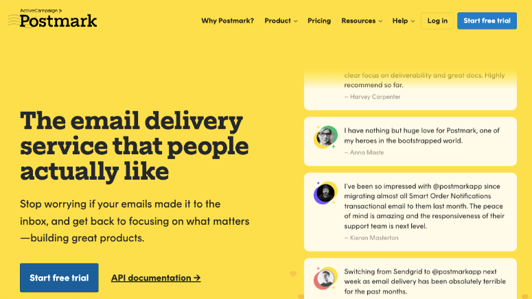 Yellow webpage for Postmark, a praised email service. Features testimonials and a "Start free trial" button. Mood is positive and inviting.
