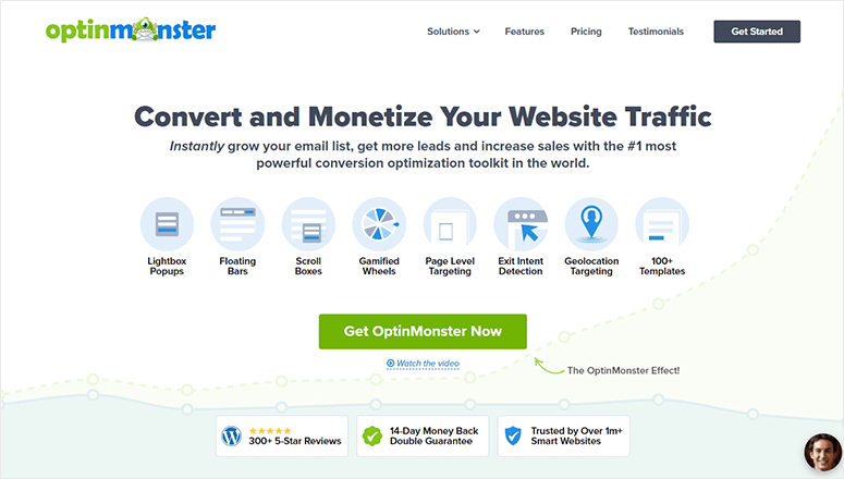OptinMonster webpage promoting website traffic tools. Features include popups and targeting. Buttons display "Get OptinMonster Now" in green.