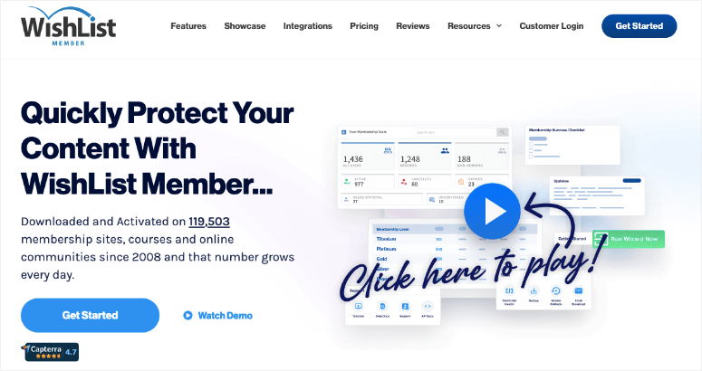 WishList Member webpage displays features and a demo play button. Blue accents highlight "Get Started" and details of 119,503 sites secured.