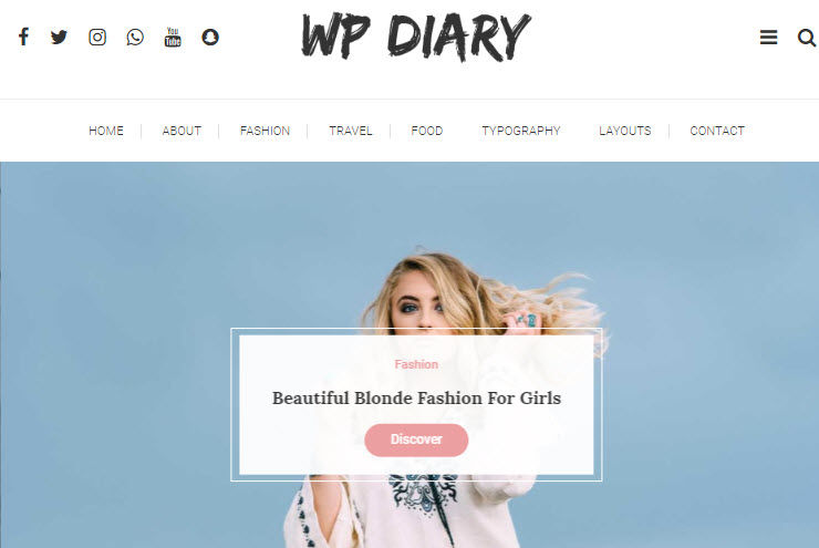 Blonde woman in white sweater on blue background. WP Diary website banner with navigation. Text: Beautiful Blonde Fashion For Girls. Discover.