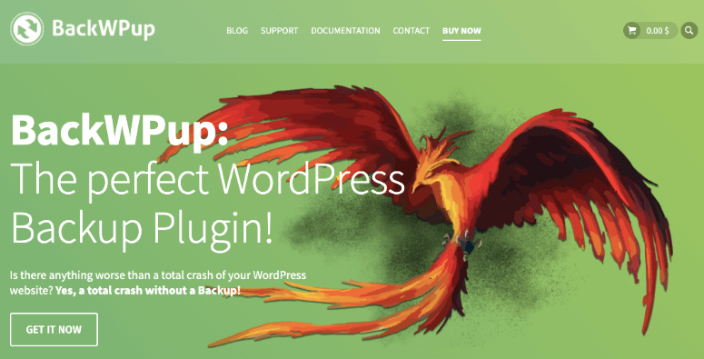 BackWPup's website with a red-orange phoenix on a green background. Text: "The perfect WordPress Backup Plugin!" Button says "GET IT NOW."