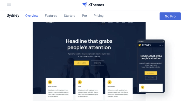 Website interface showing Sydney theme with dark background and bold white text headline. Features, starters, and pricing tabs visible.