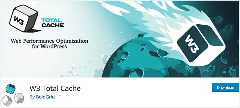 W3 Total Cache logo with a speeding cube in a blue cosmic backdrop. Text: Web Performance Optimization for WordPress. Download button present.
