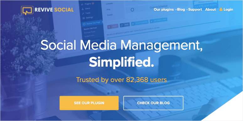Revive Social webpage with blue and yellow accents. Text: "Social Media Management, Simplified." Buttons: "See Our Plugin," "Check Our Blog."