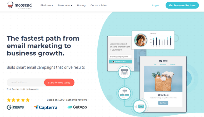 Moosend webpage promoting email marketing services. Features signup form, product images, user reviews, and a free trial button. Blue and white theme.
