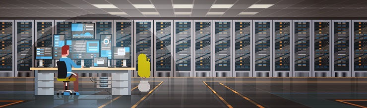Person at desk monitors screens in a server room. Walls lined with server racks; the room is well-lit. Mood is focused and tech-oriented.