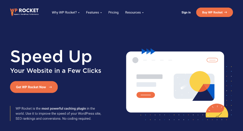 Website promo for WP Rocket on dark blue background. Text: Speed Up Your Website. Features colorful graphic elements and a "Get WP Rocket Now" button.