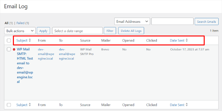 Email log interface showing a table with columns for subject, from, to, source, mailer, opened, clicked, and date sent. One email item listed.