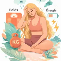 Illustration femme fatiguée et contexte de surpoids et cholestérol