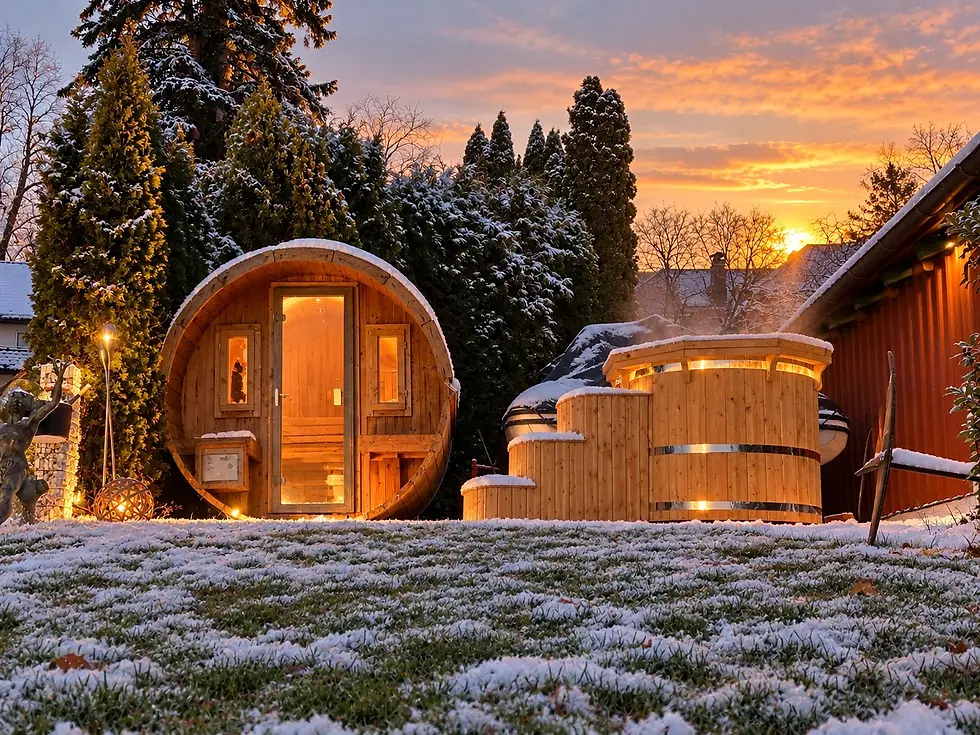 Fasssauna und Eisbad der Villa Noho am Bodensee im Winter