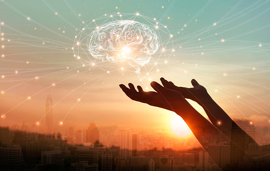 Abstract palm hands touching brain with
