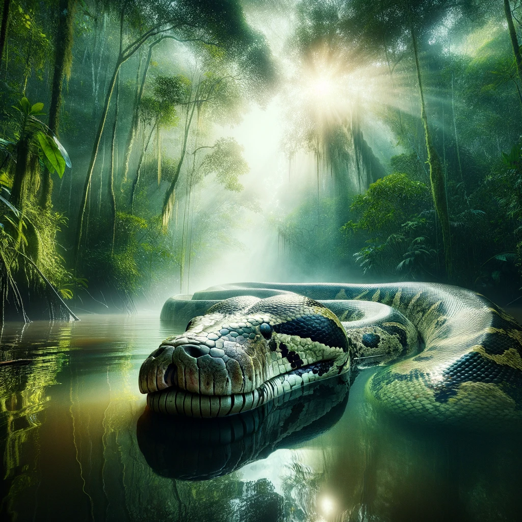 Image of an Anaconda peer out from the water