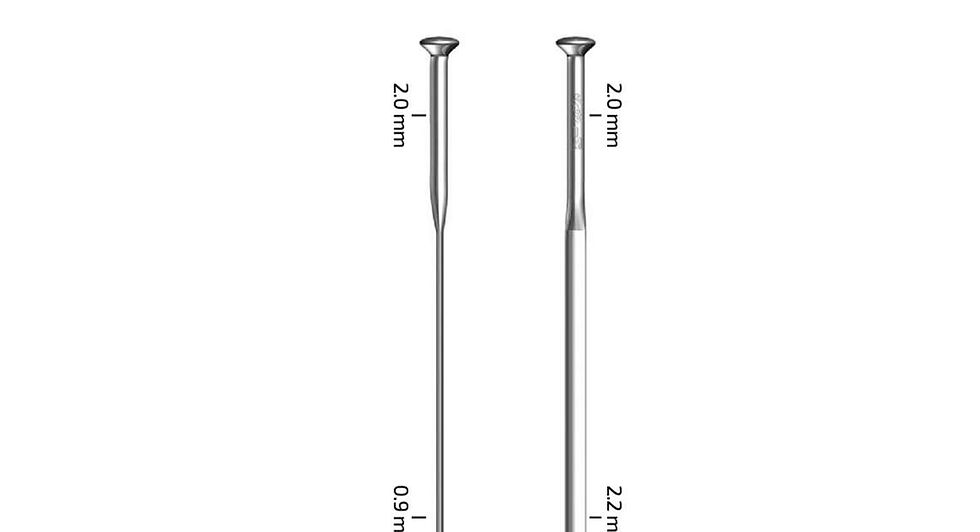 Two bicycle spokes, 2.0mm head, 0.9mm and 2.2mm body