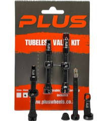 PLUS Tubeless Valve Kit packaging with black valves and Plus Aero wheelsets.