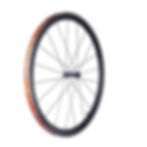 Bicycle wheel with black rim and orange accents.