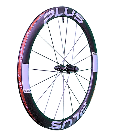 Aero bike wheel with Plus branding, lightweight spokes, and aerodynamic rim design for enhanced cycling performance.