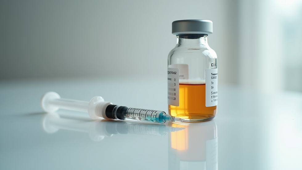 Close-up view of testosterone injection vial and syringe on a white surface