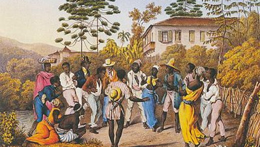 Descrição da imagem (Alt text): Pintura histórica mostrando um grupo de pessoas negras reunidas ao ar livre, em um ambiente rural com vegetação e uma construção ao fundo, participando de uma roda de dança ou batuque tradicional, com alguns personagens vestidos com roupas típicas da época colonial ou imperial do Brasil.
