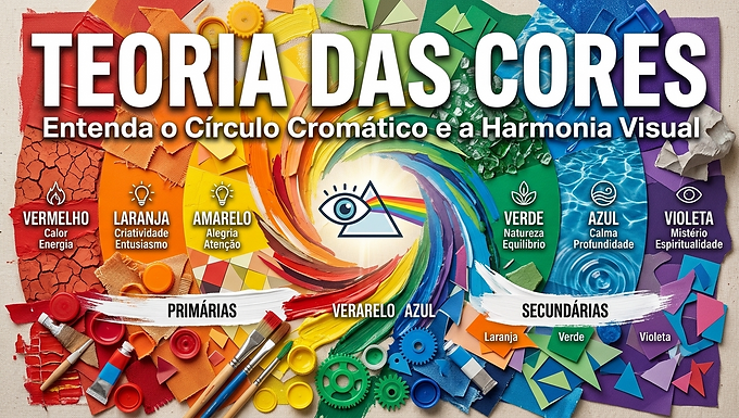 Um infográfico educativo em formato de cartaz com o título principal "TEORIA DAS CORES" em letras maiúsculas, brancas e negritadas no topo, acompanhado pelo subtítulo "Entenda o Círculo Cromático e a Harmonia Visual" logo abaixo.
O plano de fundo é uma colagem vibrante e cheia de texturas que segue a sequência de um círculo cromático, fazendo uma transição horizontal da esquerda para a direita através das cores do espectro. Cada seção de cor exibe diferentes materiais e texturas que dialogam com o conceito de reciclagem e upcycling:
Vermelho: Uma textura de terra seca e rachada, semelhante à argila.
Laranja: Tecidos texturizados e padrões entrelaçados.
Amarelo: Pastilhas de mosaico geométrico e pinceladas de tinta lisa.
Verde: Fragmentos de vidro polido (vidro de praia), pedrinhas e pequenas folhas.
Azul: Texturas de água em movimento e ondas do mar.
Violeta: Recortes de papel colorido e camadas geométricas.
No centro da imagem, todas as cores se misturam em um redemoinho dinâmico que converge para um ícone central: um prisma triangular branco com um olho estilizado azul em seu interior, refratando um feixe de luz branca em um espectro de arco-íris.
Abaixo de cada cor, seis colunas verticais organizam os significados e a psicologia de cada tom com seus respectivos ícones:
Vermelho: Ícone de chama; "Calor" e "Energia".
Laranja: Ícone de lâmpada; "Criatividade" e "Entusiasmo".
Amarelo: Ícone de lâmpada brilhante; "Alegria" e "Atenção".
Verde: Ícone de folhas brotando; "Natureza" e "Equilíbrio".
Azul: Ícone de onda do mar; "Calma" e "Profundidade".
Violeta: Ícone de olho; "Mistério" e "Espiritualidade".
Na parte inferior da composição, ferramentas artísticas e objetos reaproveitados estão espalhados sobre uma base de tela de pintura. Do lado esquerdo, pincéis, tubos de tinta acrílica e tampinhas plásticas de garrafa estão sob uma pincelada de tinta branca com a palavra "PRIMÁRIAS" (com as palavras "VERARELO AZUL" levemente distorcidas no centro). Do lado direito, engrenagens plásticas, tubos de tinta e recortes de papel estão sob a inscrição "SECUNDÁRIAS", que aponta para três pequenas abas coloridas indicando "Laranja", "Verde" e "Violeta".