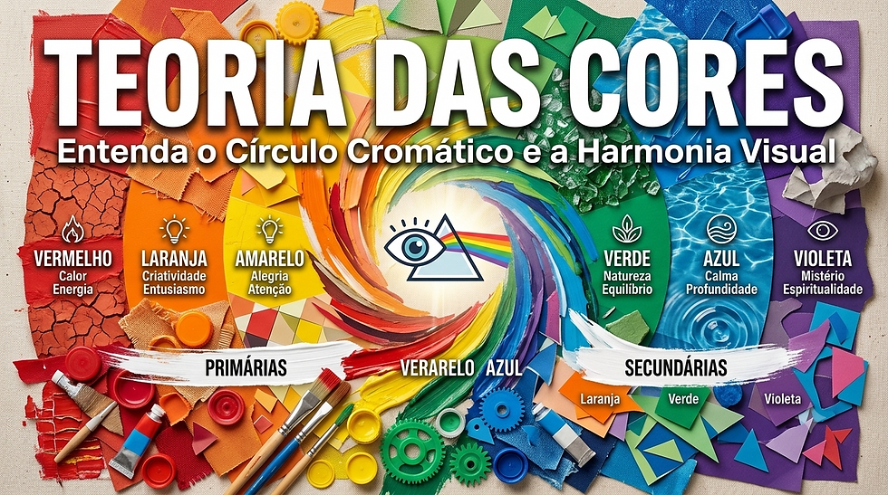 Um infográfico educativo em formato de cartaz com o título principal "TEORIA DAS CORES" em letras maiúsculas, brancas e negritadas no topo, acompanhado pelo subtítulo "Entenda o Círculo Cromático e a Harmonia Visual" logo abaixo.
O plano de fundo é uma colagem vibrante e cheia de texturas que segue a sequência de um círculo cromático, fazendo uma transição horizontal da esquerda para a direita através das cores do espectro. Cada seção de cor exibe diferentes materiais e texturas que dialogam com o conceito de reciclagem e upcycling:
Vermelho: Uma textura de terra seca e rachada, semelhante à argila.
Laranja: Tecidos texturizados e padrões entrelaçados.
Amarelo: Pastilhas de mosaico geométrico e pinceladas de tinta lisa.
Verde: Fragmentos de vidro polido (vidro de praia), pedrinhas e pequenas folhas.
Azul: Texturas de água em movimento e ondas do mar.
Violeta: Recortes de papel colorido e camadas geométricas.
No centro da imagem, todas as cores se misturam em um redemoinho dinâmico que converge para um ícone central: um prisma triangular branco com um olho estilizado azul em seu interior, refratando um feixe de luz branca em um espectro de arco-íris.
Abaixo de cada cor, seis colunas verticais organizam os significados e a psicologia de cada tom com seus respectivos ícones:
Vermelho: Ícone de chama; "Calor" e "Energia".
Laranja: Ícone de lâmpada; "Criatividade" e "Entusiasmo".
Amarelo: Ícone de lâmpada brilhante; "Alegria" e "Atenção".
Verde: Ícone de folhas brotando; "Natureza" e "Equilíbrio".
Azul: Ícone de onda do mar; "Calma" e "Profundidade".
Violeta: Ícone de olho; "Mistério" e "Espiritualidade".
Na parte inferior da composição, ferramentas artísticas e objetos reaproveitados estão espalhados sobre uma base de tela de pintura. Do lado esquerdo, pincéis, tubos de tinta acrílica e tampinhas plásticas de garrafa estão sob uma pincelada de tinta branca com a palavra "PRIMÁRIAS" (com as palavras "VERARELO AZUL" levemente distorcidas no centro). Do lado direito, engrenagens plásticas, tubos de tinta e recortes de papel estão sob a inscrição "SECUNDÁRIAS", que aponta para três pequenas abas coloridas indicando "Laranja", "Verde" e "Violeta".
