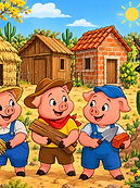 Ilustração infantil ambientada no sertão nordestino. No centro, três porquinhos personificados sorriem: o primeiro, à esquerda, usa chapéu de palha e jardineira azul enquanto segura um feixe de palha; o do meio usa chapéu de couro sertanejo, lenço vermelho ao pescoço e segura barrotes de madeira; o da direita veste boné azul, jardineira e segura uma colher de pedreiro e um tijolo de adobe. Ao fundo, sobre o solo árido, alinham-se uma palhoça, uma casa de tábuas e uma casa firme de tijolos com telhado de cerâmica. A paisagem inclui cactos mandacaru, vegetação rasteira com flores amarelas, uma árvore florida e um sol brilhante num céu azul. À direita, no canto superior, o Lobo da Caatinga espreita de forma sorrateira atrás de rochas e cactos.