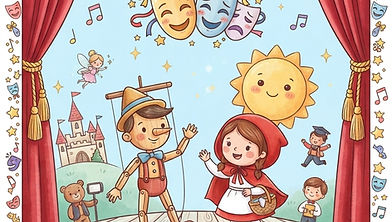 Ilustração de capa infantil com o tema "O Mundo Mágico do Teatro". A imagem simula um palco de teatro cercado por cortinas vermelhas de veludo nas laterais e uma moldura decorada com estrelas, máscaras de teatro e notas musicais. No topo, exibe o título em letras coloridas: "O MUNDO MÁGICO DO TEATRO". No centro do palco de madeira, encontram-se um boneco de madeira articulado (estilo Pinóquio) acenando e uma menina com capa vermelha (estilo Chapeuzinho Vermelho), acompanhados por um sol sorridente e um castelo ao fundo. Na parte inferior, há um campo delimitado com as linhas "NOME:" e "TURMA:" para identificação do aluno.